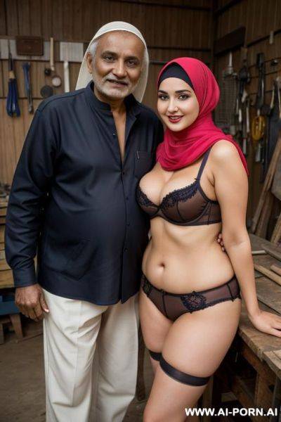 Smiling curvy russian brunette chubby milf wearing hijab and lingerie standing with indian old man in workshop - ai-porn.ai - Russia - India on pornintellect.com