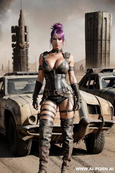 Toned and defined muscles. abs. dark tanned skin. bracelet, thigh chain. mohawk hair. bulging oversized tits. leather shoulder pad. mad max. fallout. ruined city in background. holster. city ruins. - ai-porn.ai on pornintellect.com