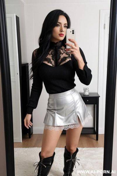 Woman, narrow hips, high boots, short skirt, top lace , selfie photo in the mirror - ai-porn.ai on pornintellect.com