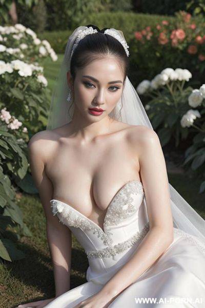 _photorealistic, very beautiful bride, wedding dress in flower garden, topless, show nipples, very white skin, goth skin, uzbek face - ai-porn.ai - Uzbekistan on pornintellect.com