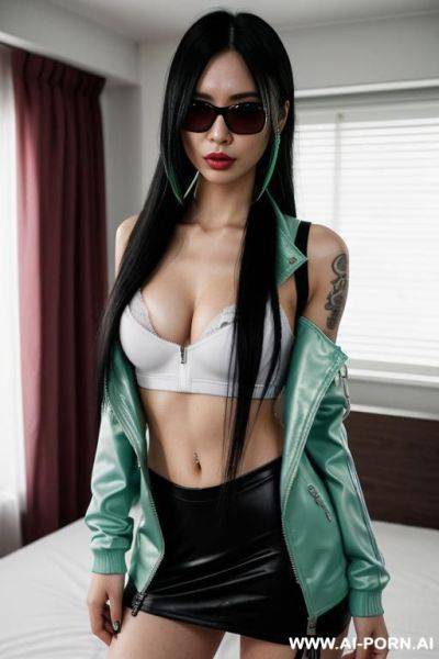 Cyberpunk 20 white skin with faint blue tint to contrast with the pink tattoos on her neck, stomach, and right hair twin tail hair color green eye color red and green preferred dress is - ai-porn.ai on pornintellect.com