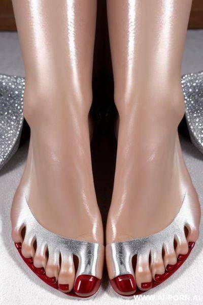 Extremely long toenails that make up most of the toes. more toenail than toe. super shiny chrome toenails. feet view - ai-porn.ai on pornintellect.com