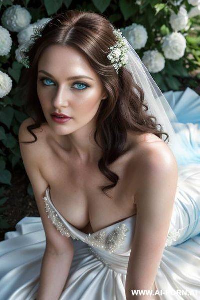 _photorealistic, very beautiful bride, wedding dress in flower garden, topless, show nipples, (light blue eyes), very white skin, goth skin, concave nose - ai-porn.ai on pornintellect.com