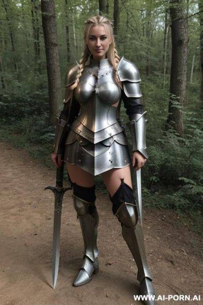 Rior girl (elven rior girl), steel armor with spikes, sword with large handle and massive large blade - ai-porn.ai on pornintellect.com