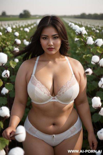 A beautiful, attractive, uzbek, buxom, strong, muscular, obese, woman picking cotton in a cotton field, looking confident at camera - ai-porn.ai - Uzbekistan on pornintellect.com
