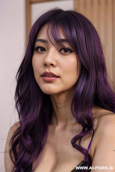 Lively effect, lovingly craving japanese secretary, flowing wavy purple hair, closeup in luxurious clothes, she is seductively tanned, loud orgasm, inspired by real-life sei-ra sodes-hiro, - ai-porn.ai - Japan on pornintellect.com