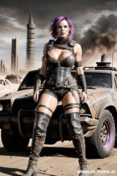 Toned and defined muscles. abs. dark tanned skin. bracelet, thigh chain. mohawk hair. bulging oversized tits. leather shoulder pad. spiky armour. mad max. fallout. ruined city in background. holster. city ruins. - ai-porn.ai on pornintellect.com
