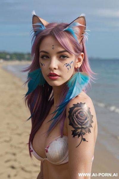 Face, sexy, beautiful, ((face painting)), ((bikini as seashell)), ((tattoo roses)), ((eyes shw)), ((angel wings)), ((rainbow hair)), ((long bu hair)), ((wind)), (( cat face)), (( cat ears)), (((feather - ai-porn.ai on pornintellect.com