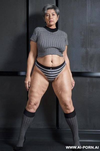 (((0 year old grandmother))), (((short gray hair))), (((very visible age marks))), (((triangular hips))), (((thick thighs))), (((blue shirt with black vertical stripes))), (((black panties))), (((long black - ai-porn.ai on pornintellect.com