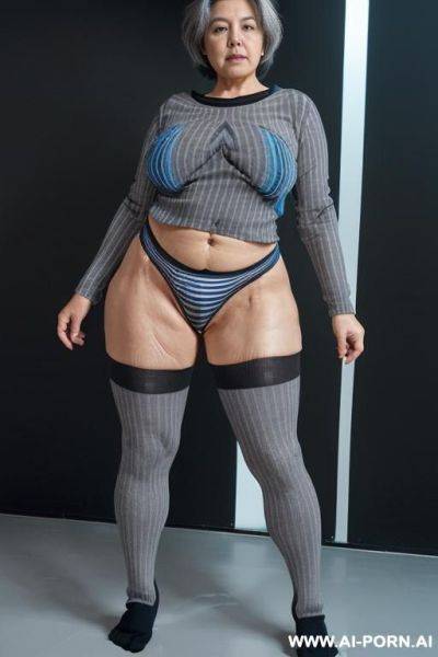 (((0 year old grandmother))), (((short gray hair))), (((very visible age marks))), (((triangular hips))), (((thick thighs))), (((blue shirt with black vertical stripes))), (((black panties))), (((long blue - ai-porn.ai on pornintellect.com