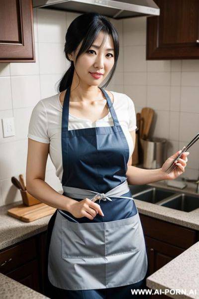 Japanese woman, ((detailed face)), housewife, wearing an apron, in a kitchen - ai-porn.ai - Japan on pornintellect.com