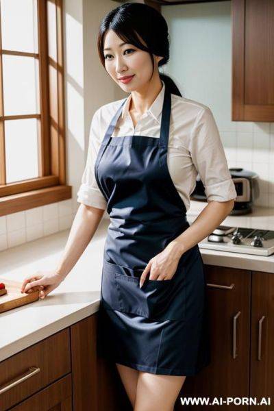 Japanese woman, housewife, wearing an apron, in a kitchen - ai-porn.ai - Japan on pornintellect.com