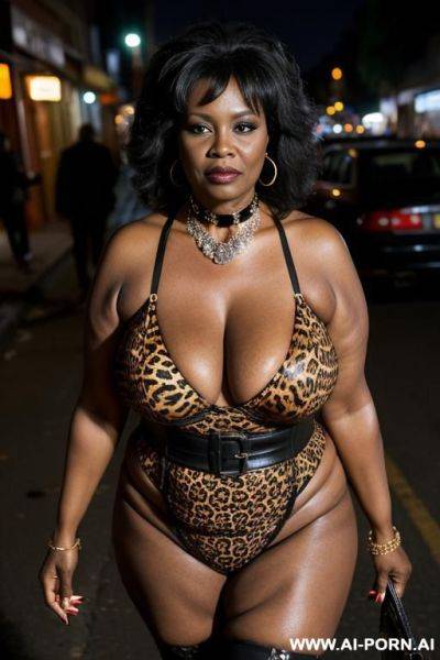 Old milf, animal print hooker outfit, necklace, chocker, elry, street night, waist shot - ai-porn.ai on pornintellect.com