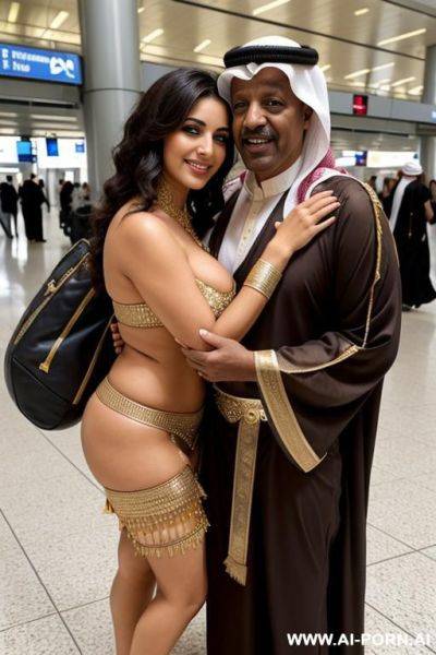 Smiling curvy busty egyptian brunette wife with messy short hair fully naked hugged from old homeless black man in airport - ai-porn.ai - Egypt on pornintellect.com