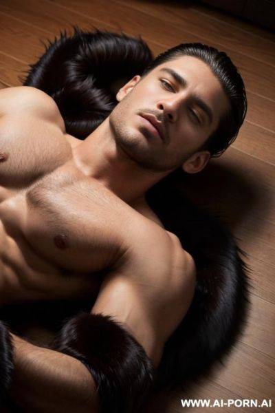 Sexy man.with wavy slicked back hair. he is shirtless, but is wearing a fur coat.. his hands are above his head. he is pinned to the floor. the camera is above him. he is laying on his back. model pose. sexy scene. upper camera view. full body. - ai-porn.ai on pornintellect.com