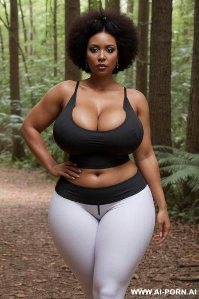 Huge boobs, gigantic boobs, afro, milf, in forest, bimbo, black hair, sexy afro woman, looking at the viewer angrily - ai-porn.ai on pornintellect.com