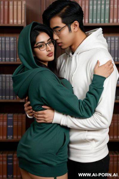 (nerdy pakistani woman) (unzipped hoodie (expose breasts)) (hugging (asian male)) - ai-porn.ai - Pakistan on pornintellect.com