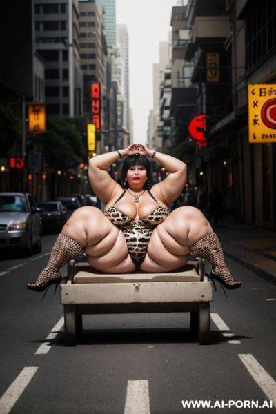 Fat old milf, animal print hooker outfit, huge saggy boobs, necklace, chocker, elries, street night, waist shot - ai-porn.ai on pornintellect.com