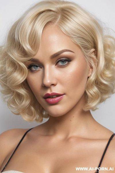 Sexy naked platinum blonde pin-up with puffy giant thick voluminous full-bodied wide curly bob haircut, big thick fluffy blonde curls, thick fluffy classic blonde curls, puffy curly hair, sexy open mouth, beautiful chubby face - ai-porn.ai on pornintellect.com