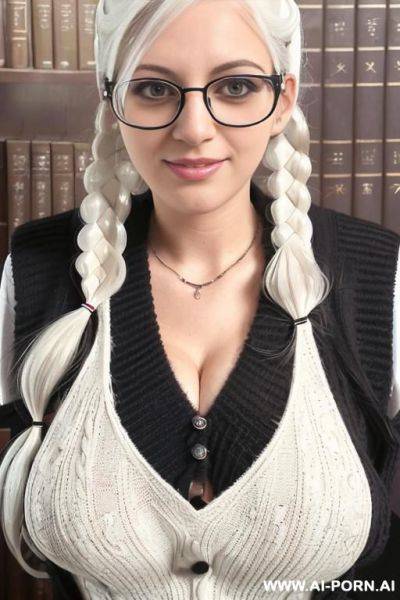 (((white hair)), ((twintails)), (humongous breasts), ((black sweater vest)), (deep cleavage), (buxom), (nerdy glasses), (no bra), (tight slacks), library - ai-porn.ai on pornintellect.com