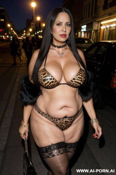 Latina, fat old milf, animal print hooker outfit, huge saggy boobs, long straight hair, necklace, chocker, elries, street night, waist shot - ai-porn.ai on pornintellect.com