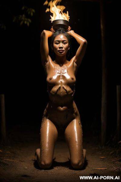 Nude woman, outside, native village, tied to a post, arms above her head, on her knees, head down, wet, fire light, dramatic lighting, monster - ai-porn.ai on pornintellect.com