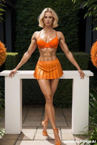 German, short hair, blonde, fit, abs, muscular arms, arms up, big ass, tall, long legs, navel piercing, orange bra, orange pleat skirt, looking at camera, full body, stiletto, in garden - ai-porn.ai - Germany on pornintellect.com