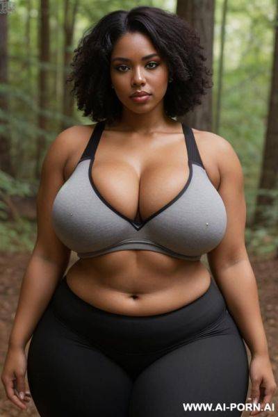 Huge boobs, gigantic boobs, milf, in forest, bimbo, black hair, sexy afro woman, looking at the viewer angrily, afro, gigantic ass, - ai-porn.ai on pornintellect.com