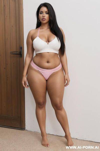 Native clothes, brown skin, brown eyes, full pink lips, long straight black hair, white tube top with a red stripe below the thick pink stripe, white loincloth reaching down to her lower - ai-porn.ai on pornintellect.com