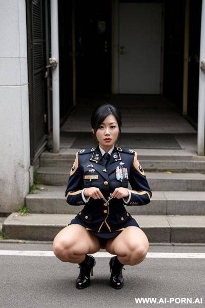 Asian woman squatting in the street peeing in uniform - ai-porn.ai on pornintellect.com