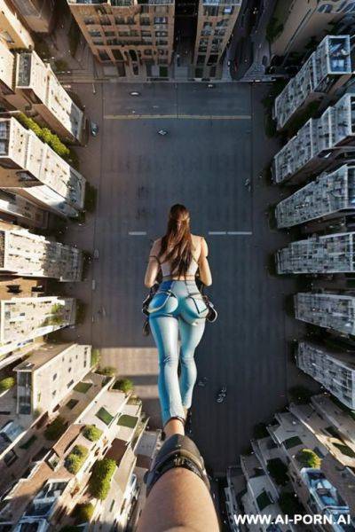 (((giantess))), (((point of view from the sky))), (((point of view from the clouds looking down))), ((((point of view looking down from above))), (((((walking on the busy city streets between the buildings))))), (((point if view from the sky above her))), - ai-porn.ai on pornintellect.com