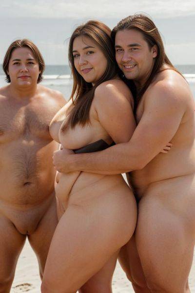 Two women and one very tall man hugging, back view, he is much taller than her, one woman and one man, one man and one woman, man looking at woman, bald man, muscular man, very tall - ai-porn.ai on pornintellect.com