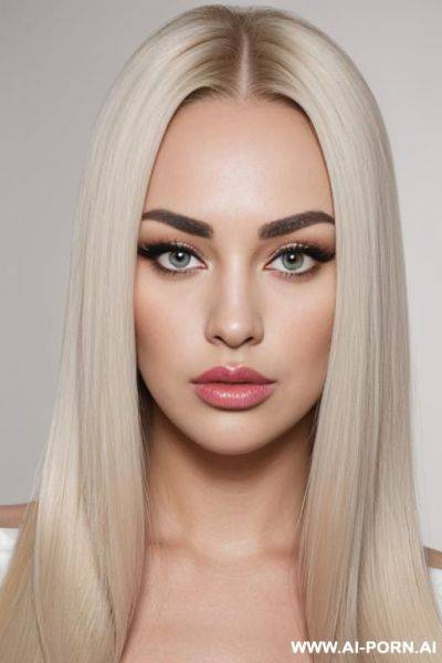 Face view only. pouting lips, blonde straight hair, chubby rectanglar face, square jaw, dark eye shw and eyebrows. long nose. big eyelashes. straight, eyebrows. looking straight at the camera. - ai-porn.ai on pornintellect.com