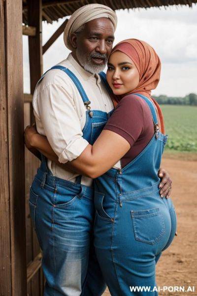 Curvy russian chubby wife standing fully naked wearing hijab and overalls hugged from old african man in cos farm - ai-porn.ai - Russia on pornintellect.com