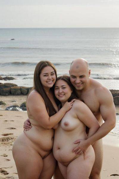 Two people hugging, he is much taller than her, one woman and one man, one man and one woman, man looking at woman, bald man, muscular man, very tall man, full frontal, stand up, wind - ai-porn.ai on pornintellect.com