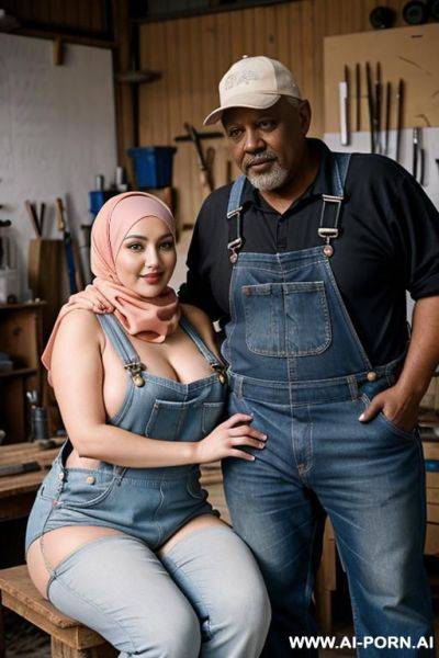Happy curvy russian chubby wife topless wearing hijab and overalls sitting with old black man in workshop - ai-porn.ai - Russia on pornintellect.com