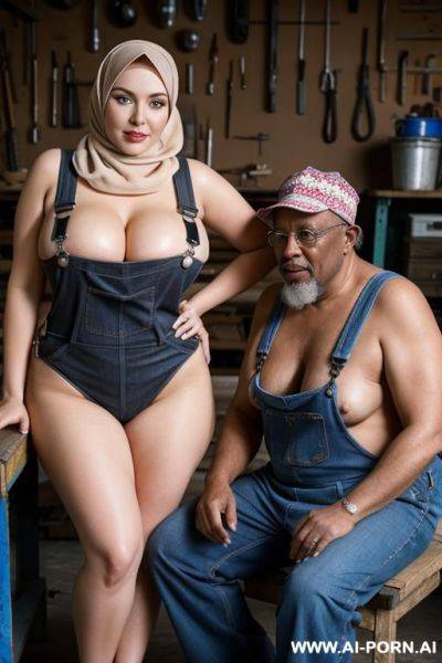 Happy curvy russian busty wife topless wearing hijab and overalls sitting with old black man in workshop - ai-porn.ai - Russia on pornintellect.com