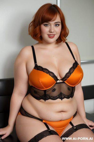 Full body photo shot, about at classroom, so fat bbw curvy with love handless and tummy, she is wet and very excited, heart-shaped face, wearing a sexy and hot, orange lace stocking lingeries, leg´s up, short hair. - ai-porn.ai on pornintellect.com
