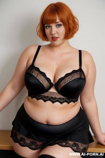 Full body photo shot, about at classroom, realy fat bbw chubby with love handless and tummy, she is wet and very excited, heart-shaped face, wearing a sexy and hot, orange lace stocking lingeries, short hair. - ai-porn.ai on pornintellect.com