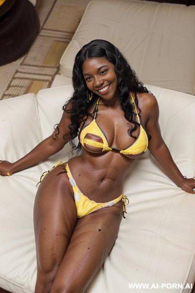 (black) (20 years old) (black eyes) (large breasts) (large hips ( waist) (curly hair) (black hair (long curly hair) ( yellow bikini on white couch, sexy pose, expression of pleasure, thong bikini) - ai-porn.ai on pornintellect.com