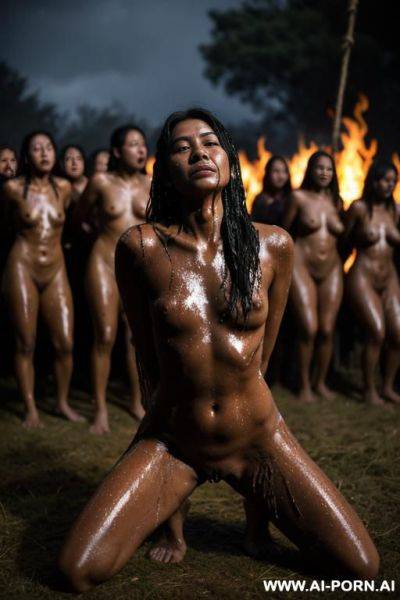 Nude woman, outside, exterior native village, bonfire, tied up, tied to a stake, ropes, arms above her head, on her knees, head down, dark, wet, black splatter, dramatic lighting, monster, wide shot, female villagers surrounding her, touching her - ai-porn.ai on pornintellect.com