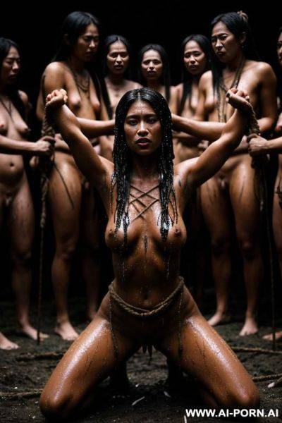 Nude woman, outside, exterior native village, bonfire, tied up, tied to a stake, ropes, arms above her head, on her knees, head down, dark, wet, black splatter, dramatic lighting, monster, wide shot, male and female villagers watching in a circle - ai-porn.ai on pornintellect.com