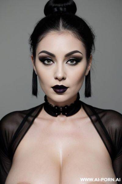 Milf, black lipstick, naked, hair bun, makeup, skin, chubby, white skin, skin, gothic - ai-porn.ai on pornintellect.com