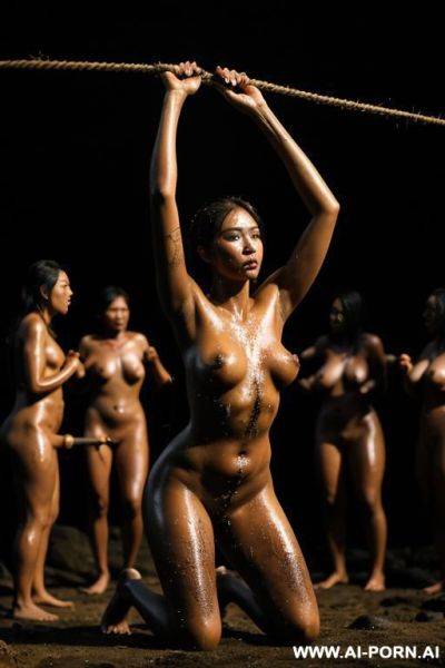 Nude woman, outside, night, exterior native village, lava, tied up, tied to a stake, ropes, arms above her head, on her knees, head down, dark, wet, black splatter, dramatic lighting, monster, wide shot, female villagers surrounding her - ai-porn.ai on pornintellect.com