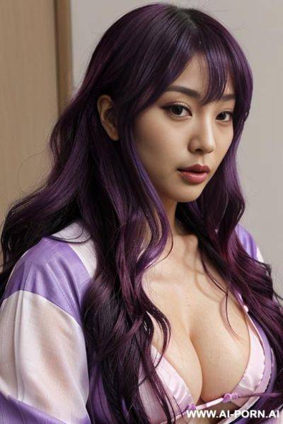 Immersive, lovingly craving japanese, flowing wavy purple hair, closeup in luxurious clothes, she is seductively tanned, loud pleasure, real-life sei-ra sodes-hiro, - ai-porn.ai - Japan on pornintellect.com