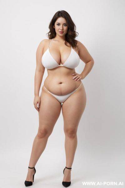 Fair skin, bright eyes, wide hips, thick thighs, long legs, revealing clothes, front view, (white background) - ai-porn.ai on pornintellect.com