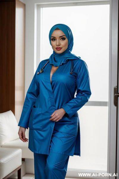Two curvy russian wearing hijab and scrubs standing topless - ai-porn.ai - Russia on pornintellect.com