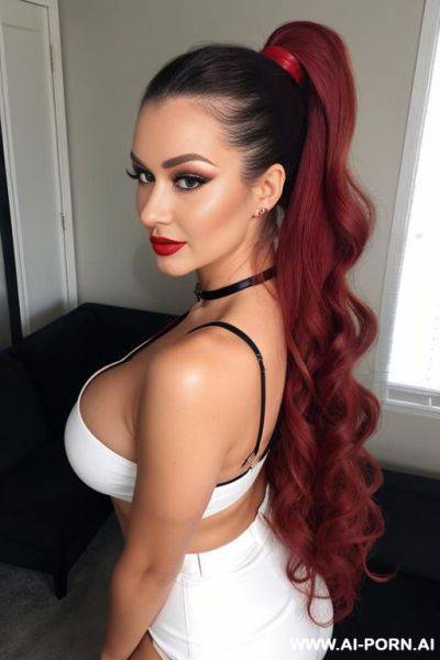 Ponytail, dark blonde, red lipstick, milf, makeup, long curly hair - ai-porn.ai on pornintellect.com
