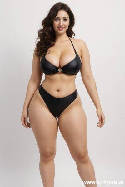 Fair skin, bright eyes, wide hips, thick thighs, long legs, yellow microkini, front view, (white background) - ai-porn.ai on pornintellect.com