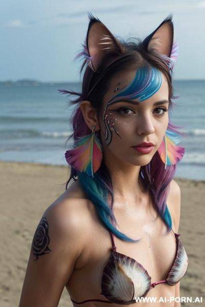 Face, sexy, beautiful, ((face painting)), ((bikini as seashell)), ((tattoo roses)), ((eyes shw)), ((angel wings)), ((rainbow hair)), ((long bu hair)), ((wind)), (( cat face)), (( cat ears)), (((feather - ai-porn.ai on pornintellect.com